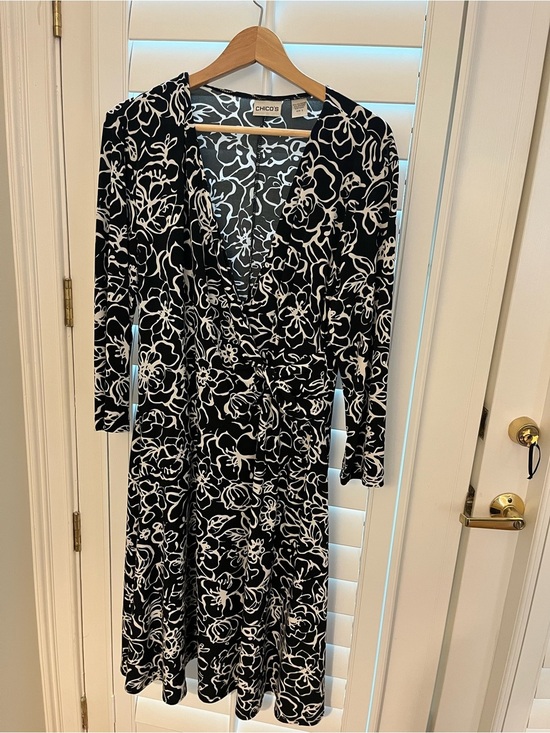 Chico's Dresses & Skirts - Chico's Black and White Floral Faux-Wrap Midi Dress, Stretchy 16